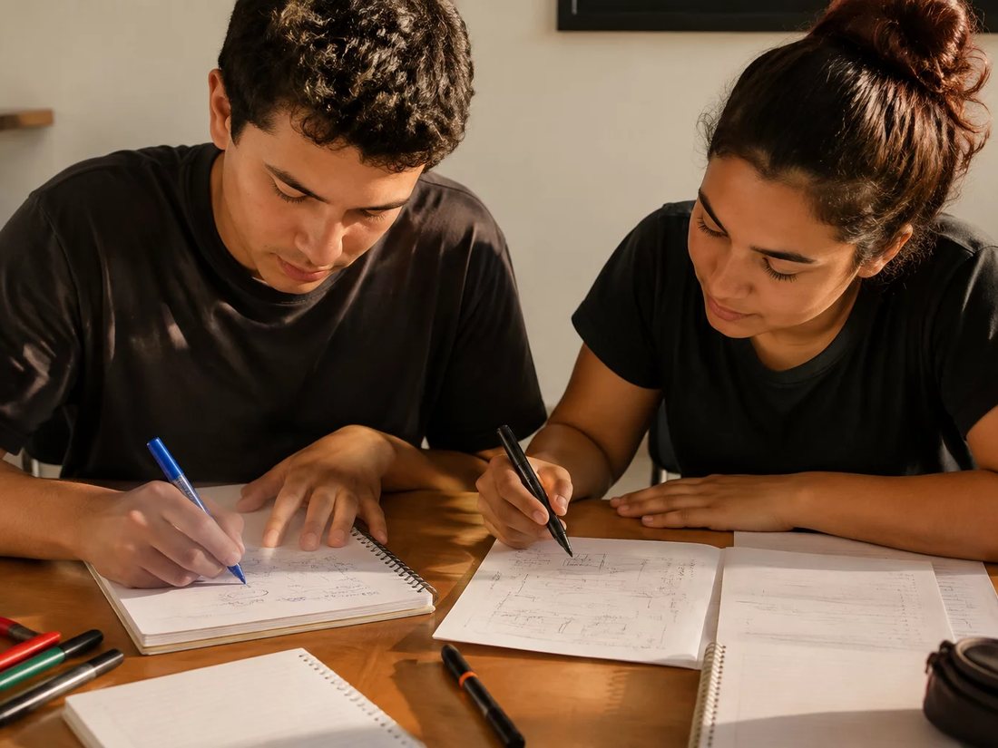 Mesa vista de cima com o esquema de um raciocínio rabiscado no papel