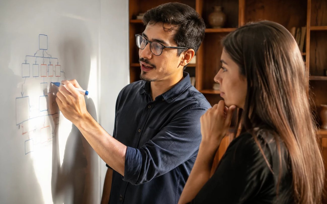 Duas pessoas em pé diante do quadro branco, desenhando a estrutura de um argumento